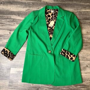 Jodifl Kelly Green Blazer Leopard Print Lined Open Front Jacket Size S NWT